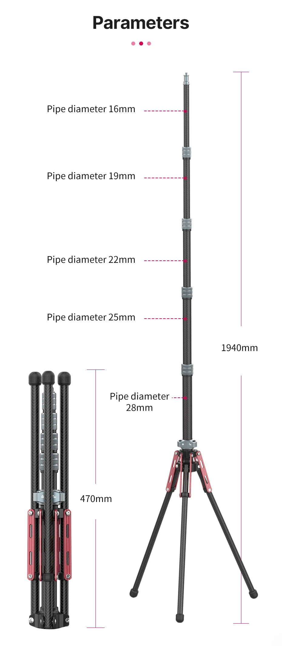 Ulanzi MT-49 1.9M Carbon Fiber Lighting Stand Portable Tripod Photography Light Stand for LED Light Flash Softbox Travel Monopod