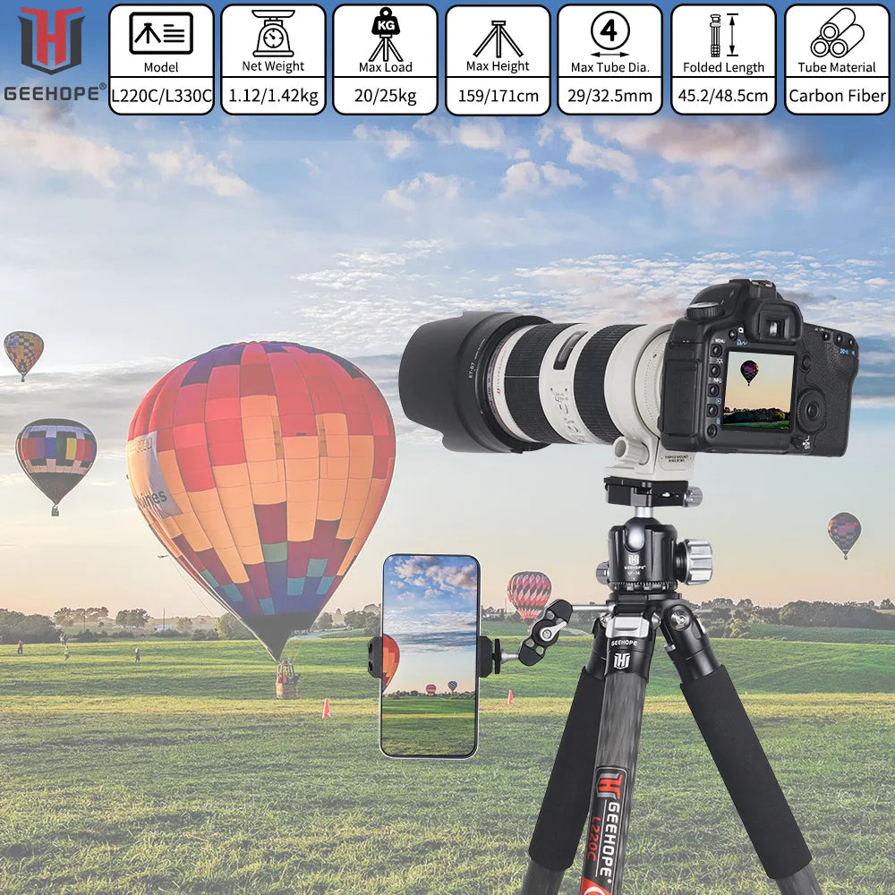 L220C/L330C Compact Carbon Fiber Travel Tripod Professional Camera Stand Load 20/25kg for DSLR Video Camcorder Add Center Colum