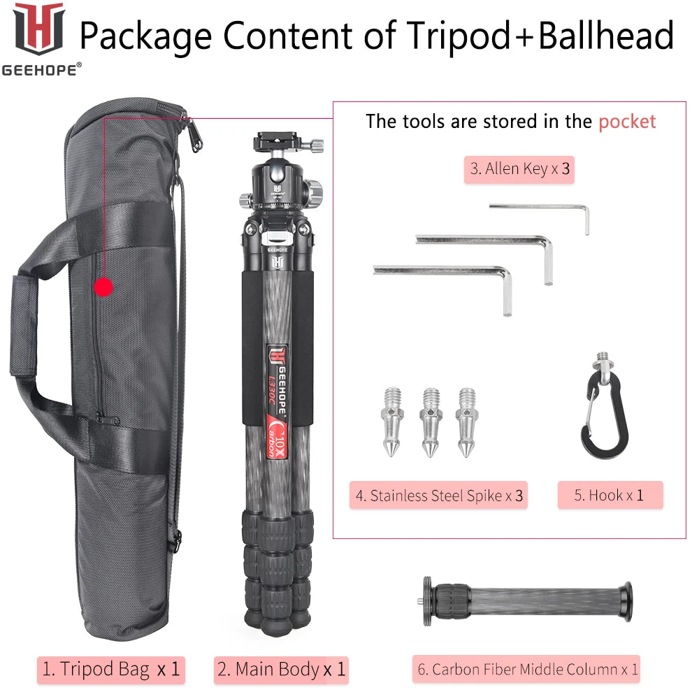 L220C/L330C Compact Carbon Fiber Travel Tripod Professional Camera Stand Load 20/25kg for DSLR Video Camcorder Add Center Colum