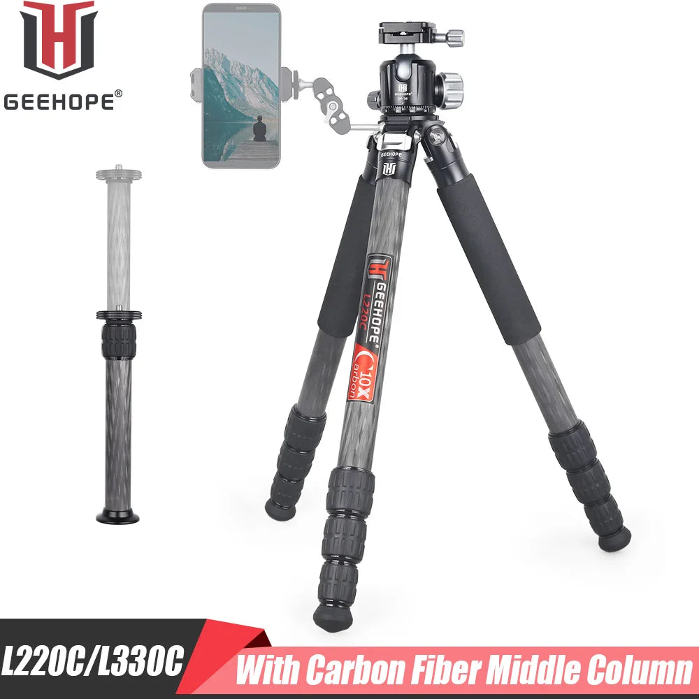 L220C/L330C Compact Carbon Fiber Travel Tripod Professional Camera Stand Load 20/25kg for DSLR Video Camcorder Add Center Colum