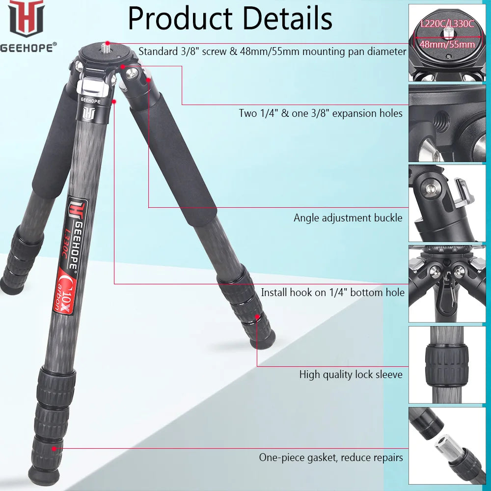 L220C/L330C Compact Carbon Fiber Travel Tripod Professional Camera Stand Load 20/25kg for DSLR Video Camcorder Add Center Colum