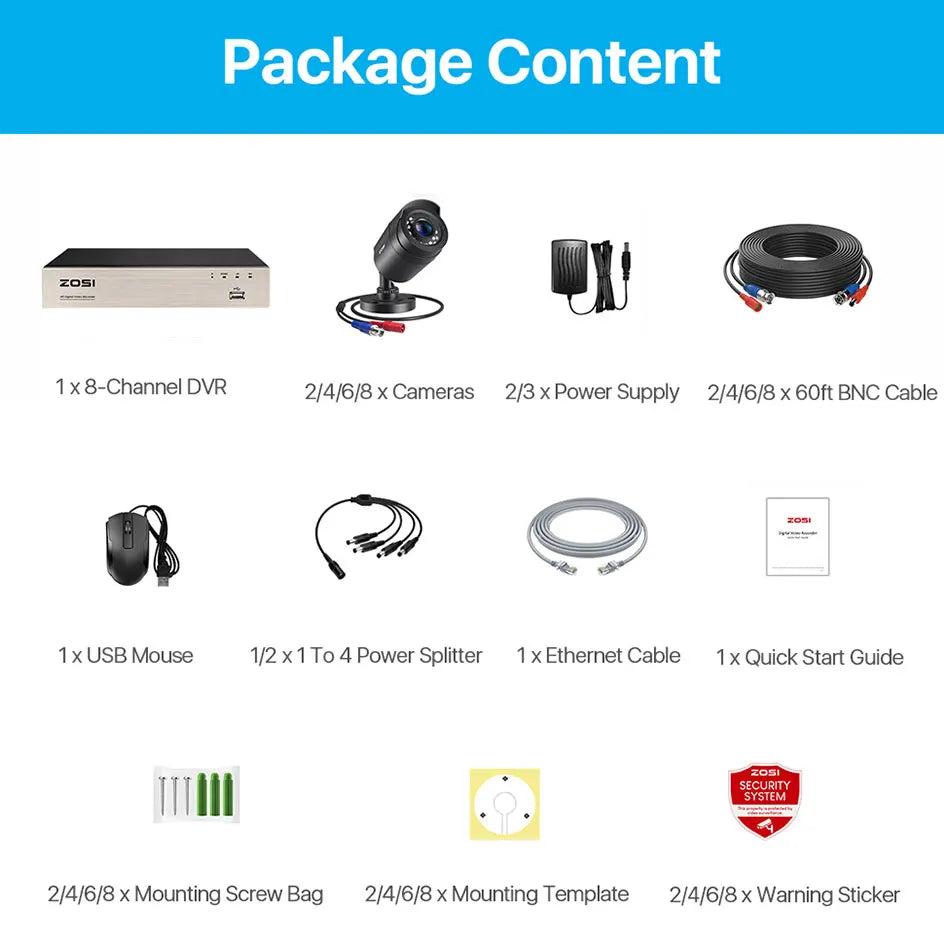ZOSI 8CH 1080P CCTV System Outdoor 5MP Lite Video DVR with 2/4/6/8pcs 2MP Wired Security Cam Day/Night Video Surveillance System