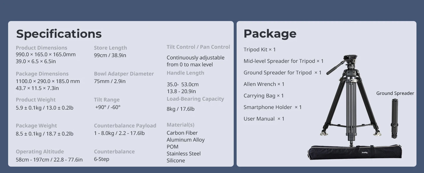 SmallRig AD-120 FreeBlazer Counterbalance Carbon Fiber Video Tripod Kit, 77" Video Tripod with 6-Step Counterbalance, Adjustable