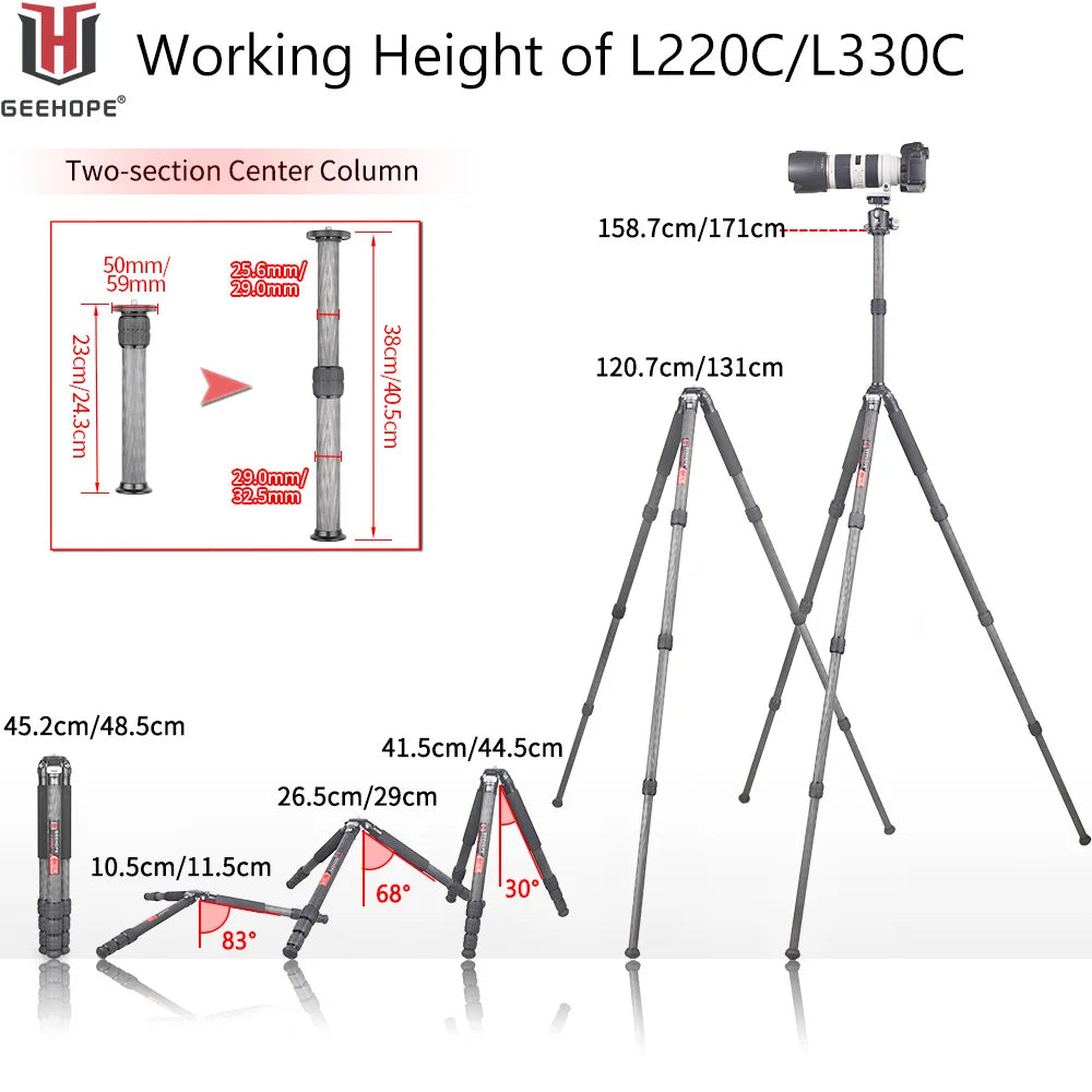 L220C/L330C Compact Carbon Fiber Travel Tripod Professional Camera Stand Load 20/25kg for DSLR Video Camcorder Add Center Colum