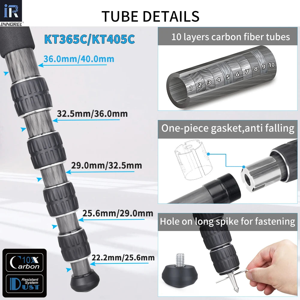 KT365C/KT405C 10 Layers Carbon Fiber Tripod for DSLR Camera 5 Sections Heavy Duty Stand Low Gravity Ballhead Short Center Column