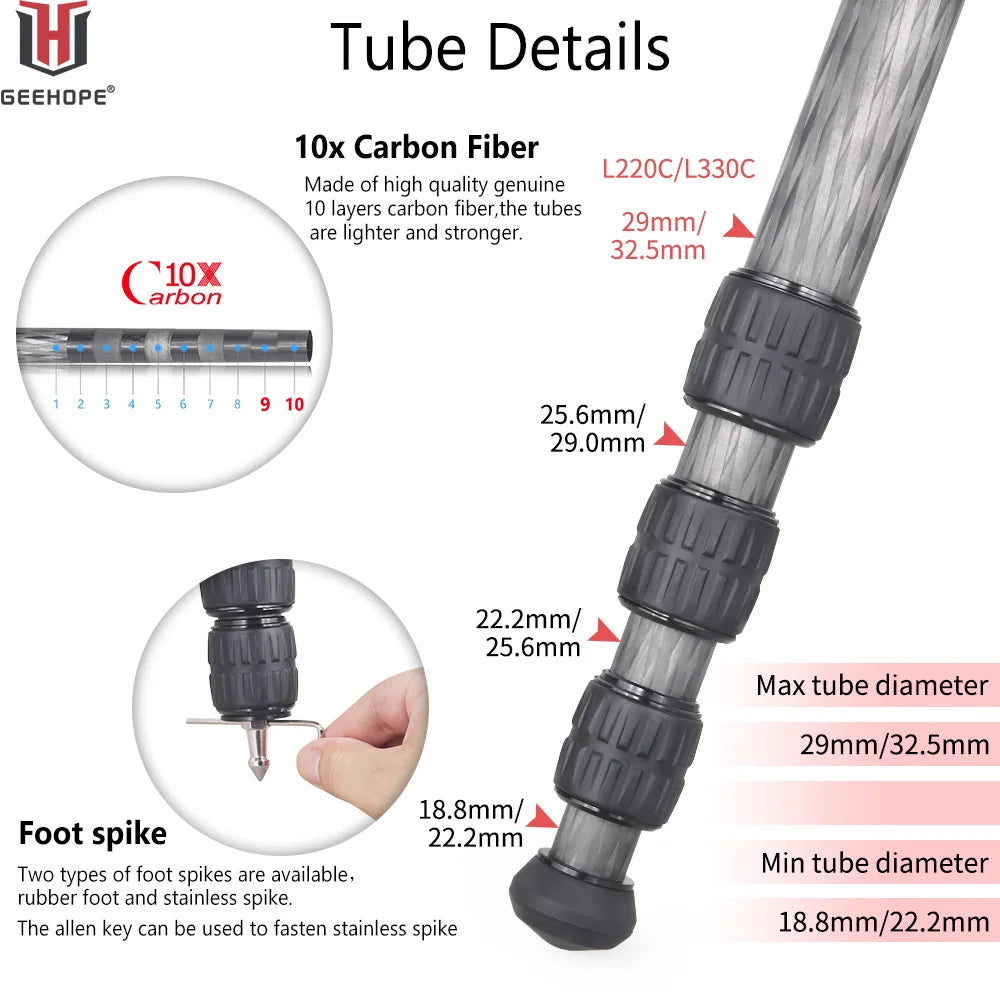 L220C/L330C Compact Carbon Fiber Travel Tripod Professional Camera Stand Load 20/25kg for DSLR Video Camcorder Add Center Colum