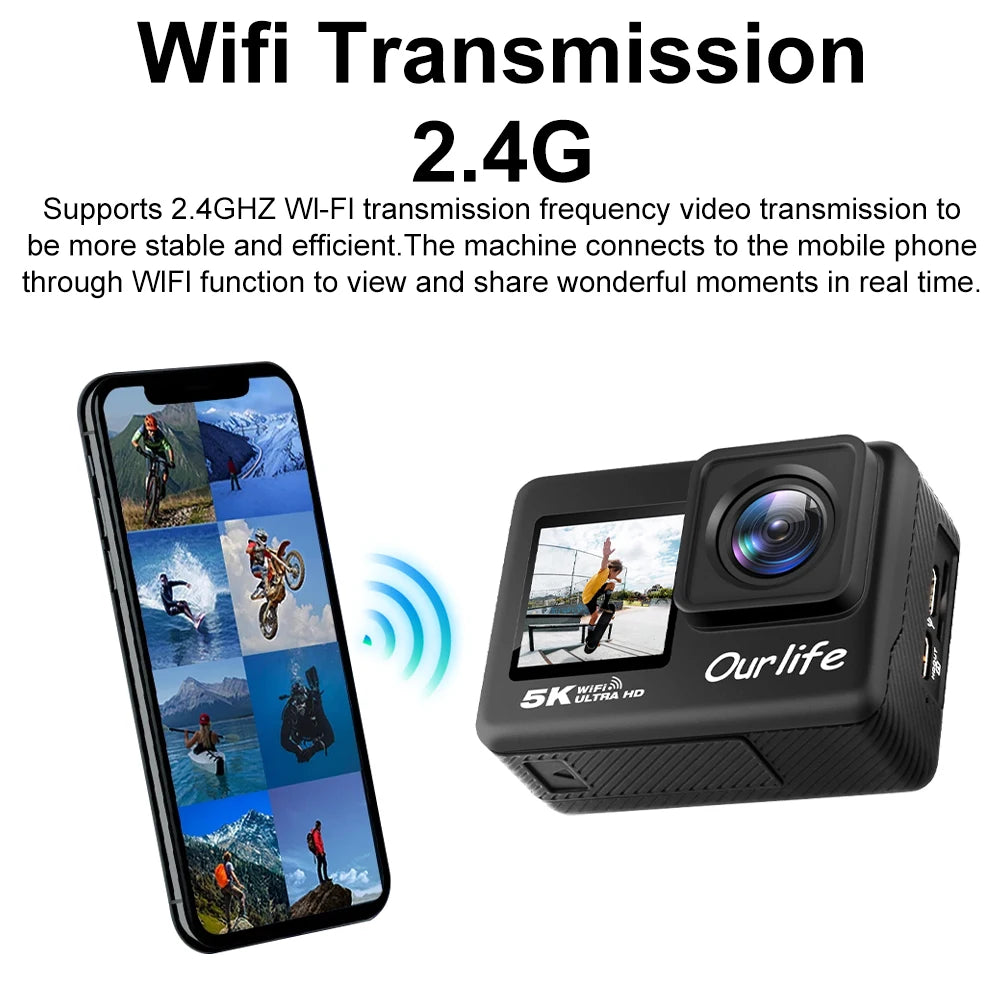 Action Camera 5K 4K60FPS EIS WiFi 170D 2.0'' Touch Screen 30M Waterproof 5X Zoom Sport Camera With Remote Control & 32GB Card