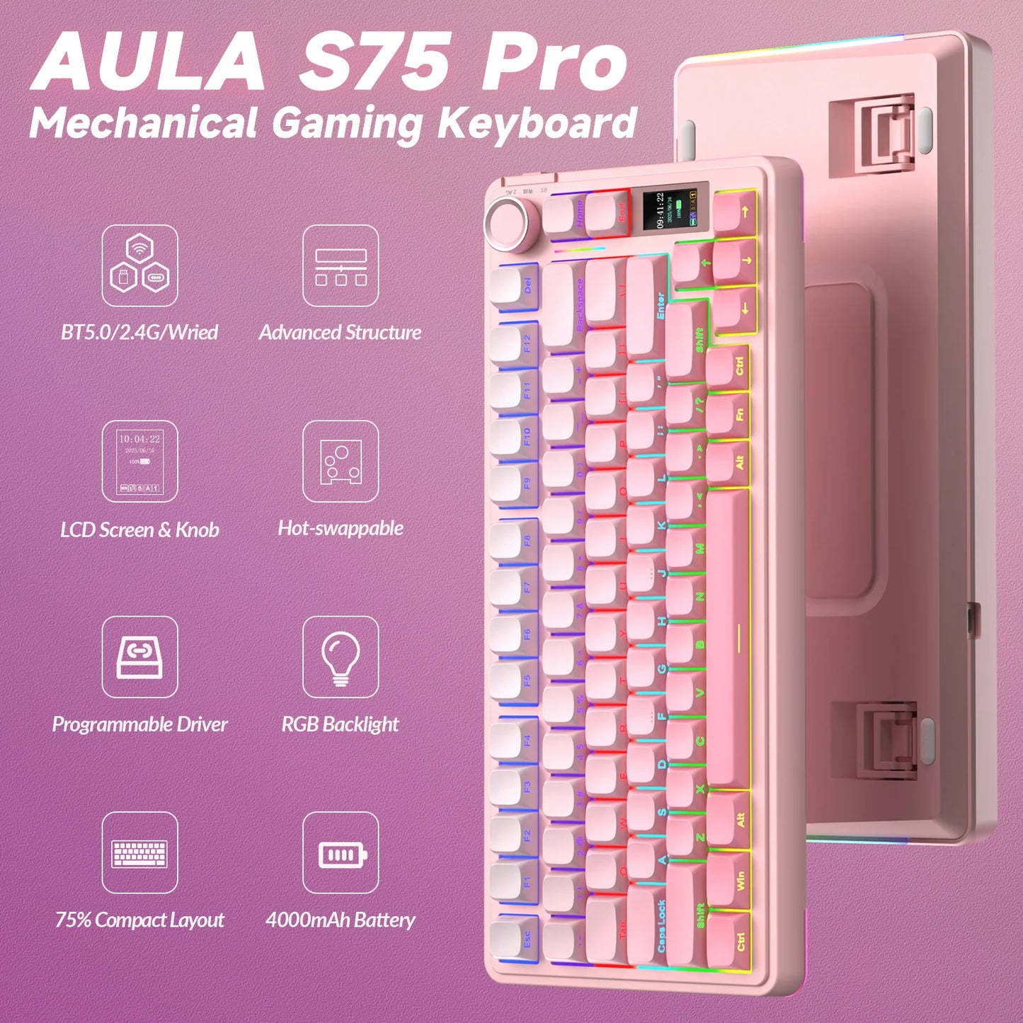AULA S75pro Wireless Keyboard Tri-mode RGB Gaming Keyboard Hot Swap PBT Keycaps with Macro Software