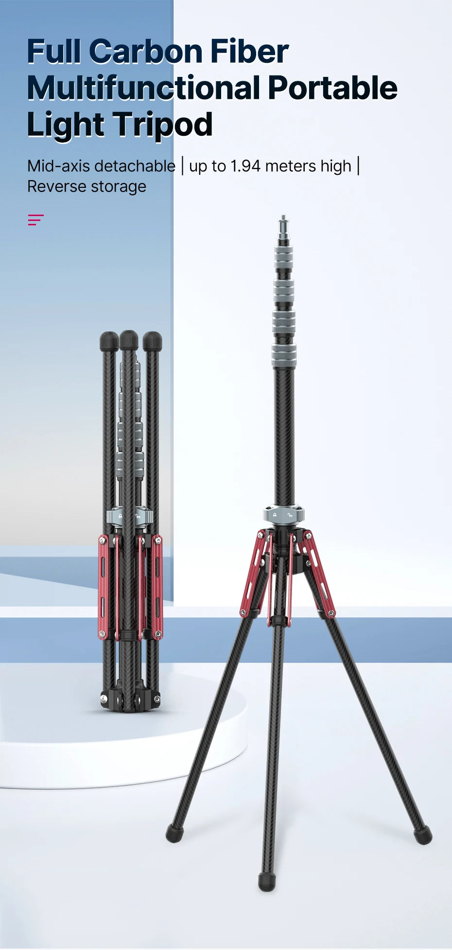 Ulanzi MT-49 1.9M Carbon Fiber Lighting Stand Portable Tripod Photography Light Stand for LED Light Flash Softbox Travel Monopod