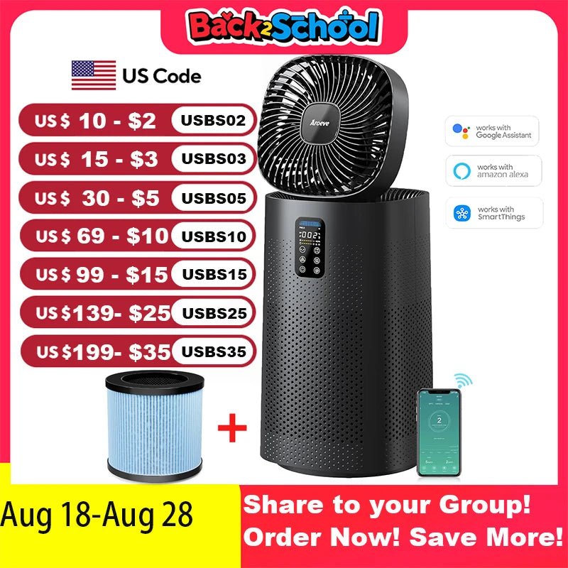 Aroeve Air Purifier Fan 1980 Sq.ft Washable Filter Smart App Wifi Control Quite Angle Adjustable Air 2-In-1 Circulator System