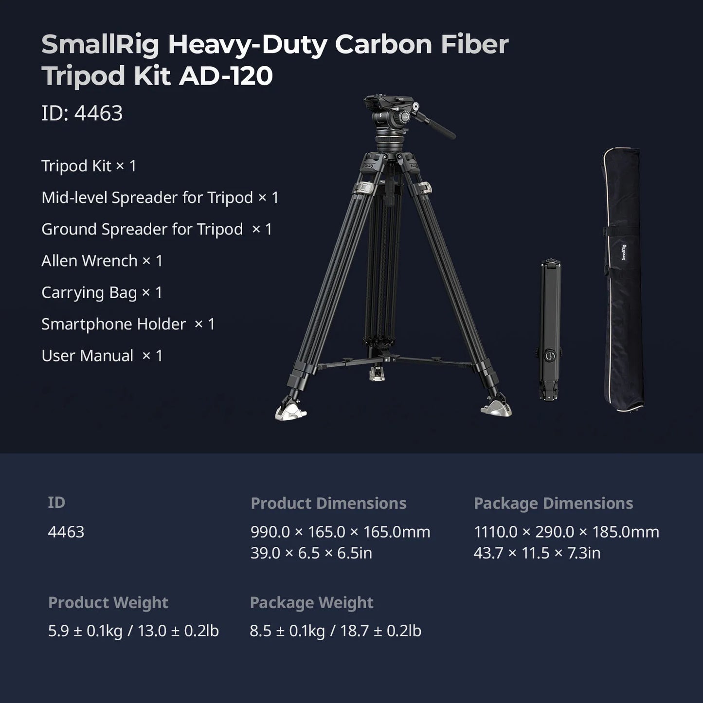 SmallRig AD-120 FreeBlazer Counterbalance Carbon Fiber Video Tripod Kit, 77" Video Tripod with 6-Step Counterbalance, Adjustable