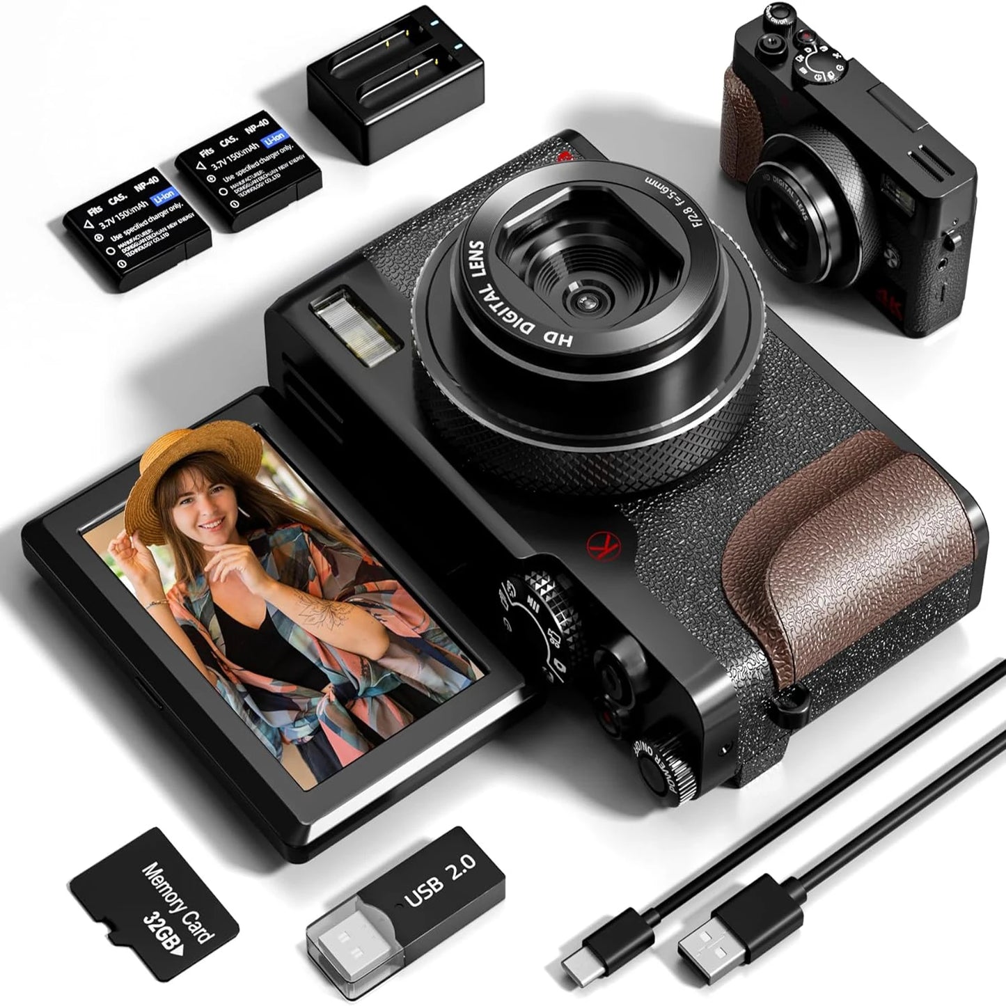 NBD Digital Camera 56MP Cameras for Photography 4K Camera 180°Flip Screen Digital Camera with 16X Digital Zoom Compact Camera