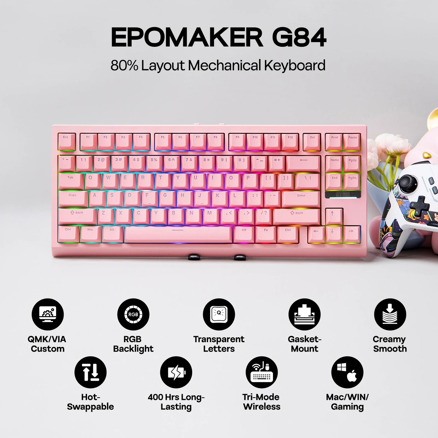 EPOMAKER G84 VIA 80% QWERTY ANSI US Layout Gasket-Mounted Wired/2.4GHz/Bluetooth Wireless Mechanical Keyboard for Mac/WIN/Gaming