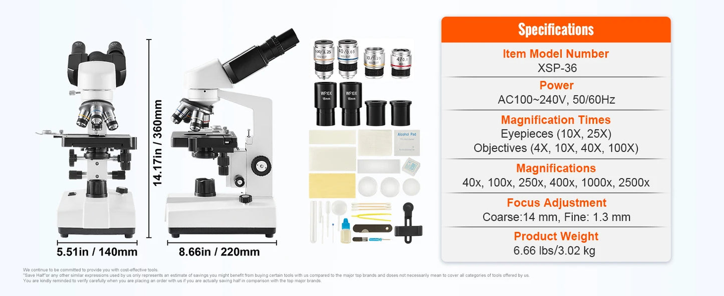 SucceBuy Compound Trinocular Microscope 40X-2500/40X-5000X Magnification Lab Microscope w/ LED Illumination & External Interface