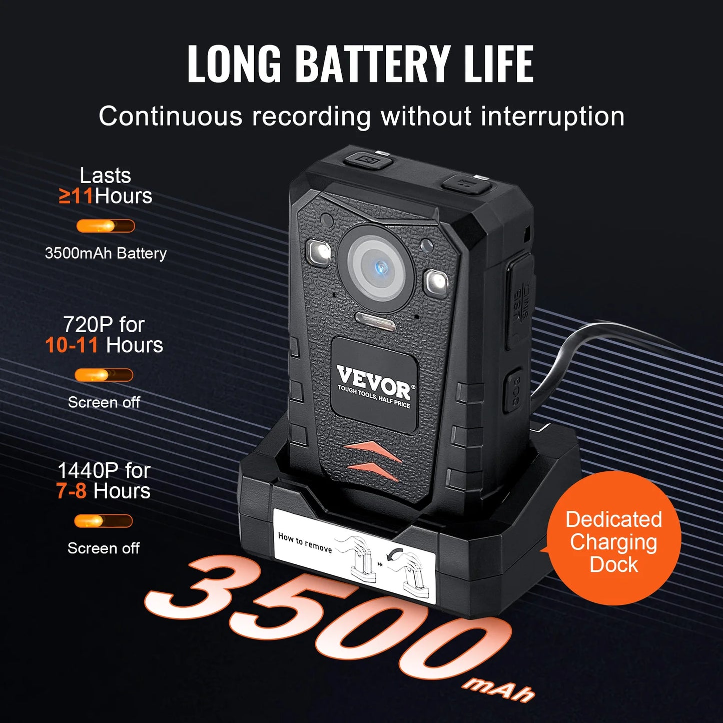VEVOR 1440P HD Police Body Camera 128GB with Audio Video, 2.0" LCD, Infrared Night Vision, Waterproof GPS for Law Enforcement