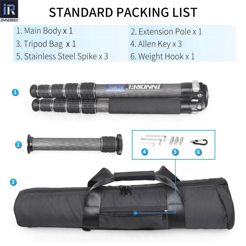 KT365C/KT405C 10 Layers Carbon Fiber Tripod for DSLR Camera 5 Sections Heavy Duty Stand Low Gravity Ballhead Short Center Column