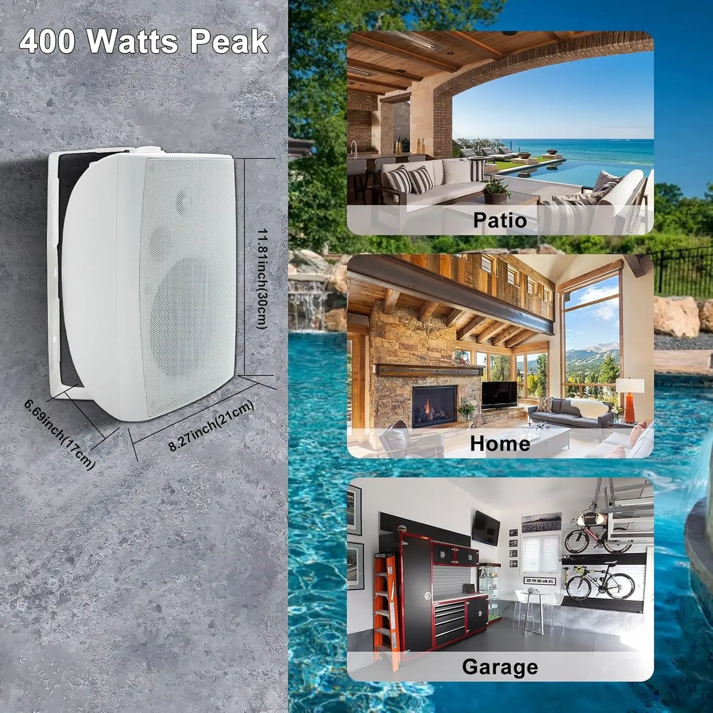 Herdio 6.5'' 400Watts Indoor Outdoor Bluetooth Speakers Waterproof Wired With Powerful Bass 2Way Wall Mount Speakers All-Weather