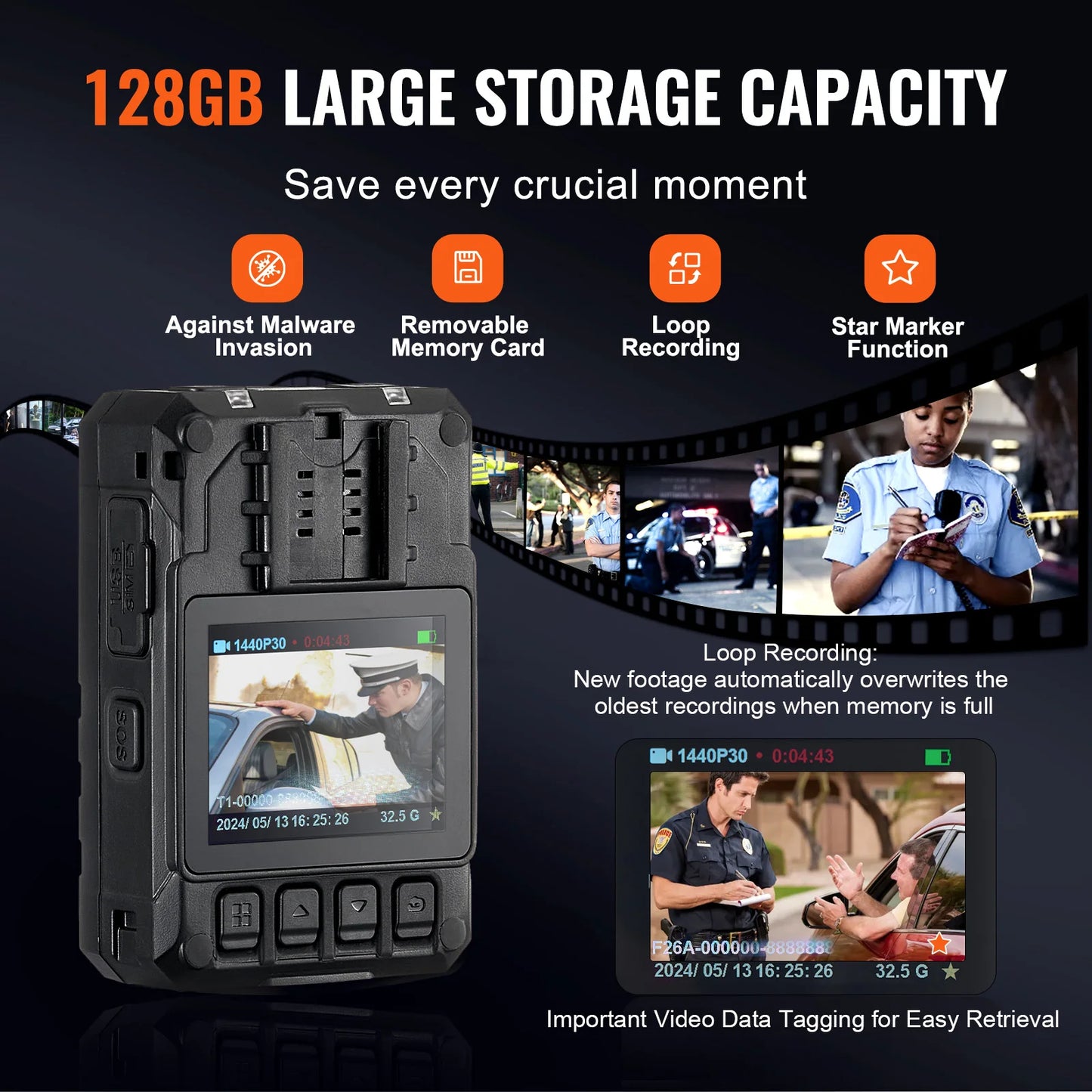VEVOR 1440P HD Police Body Camera 128GB with Audio Video, 2.0" LCD, Infrared Night Vision, Waterproof GPS for Law Enforcement
