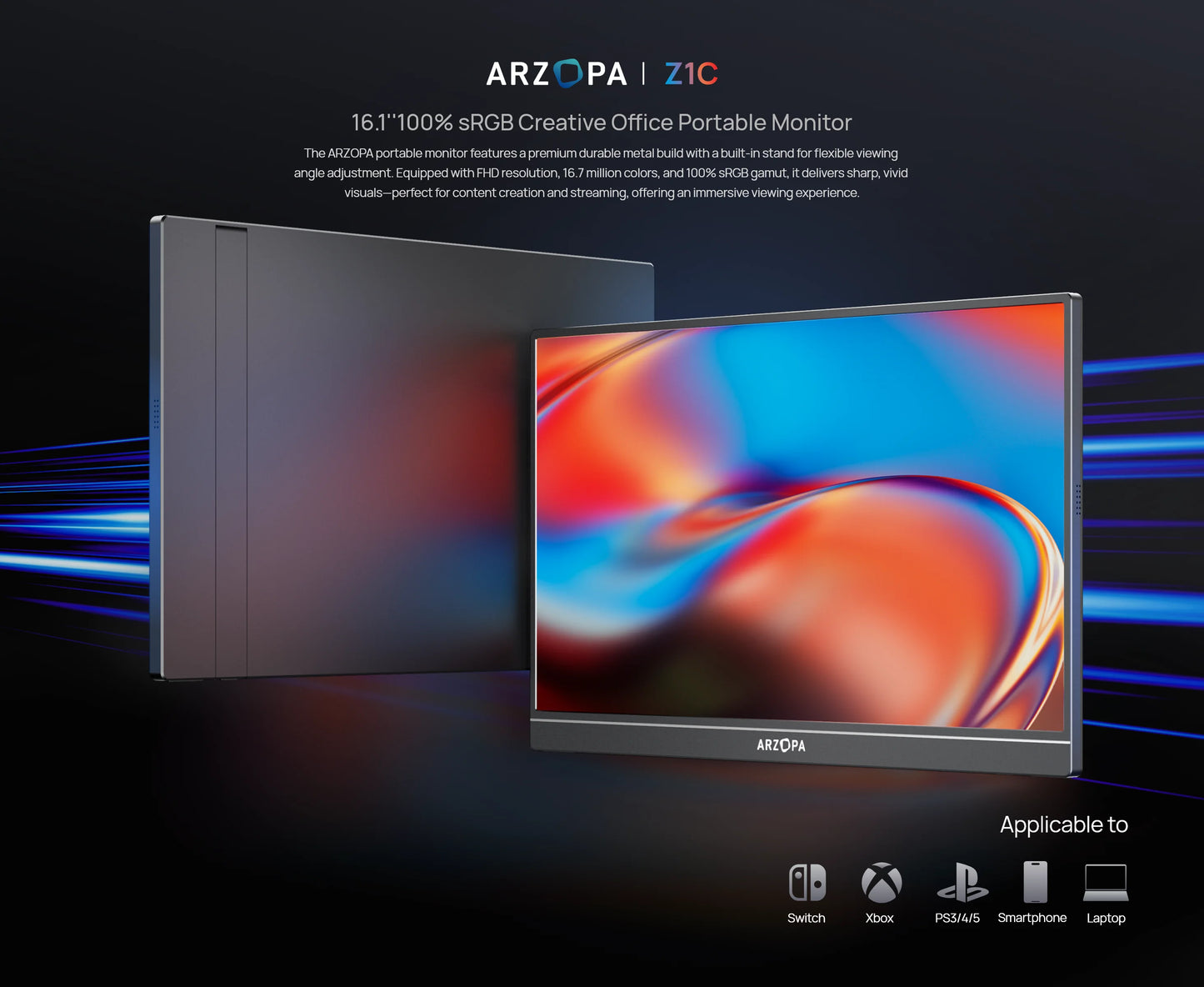 ARZOPA 16.1'' 100% sRGB Portable Monitor FHD1080P IPS Screen Second Monitor External Screen for MAC Laptop PC Xbox/PS/Switch,Z1C