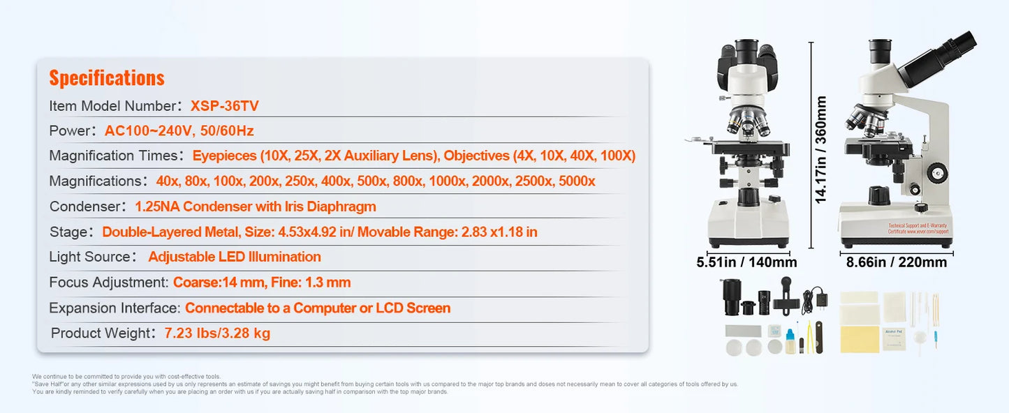 SucceBuy Compound Trinocular Microscope 40X-2500/40X-5000X Magnification Lab Microscope w/ LED Illumination & External Interface