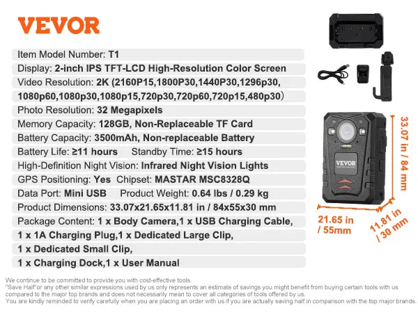 VEVOR 1440P HD Police Body Camera 128GB with Audio Video, 2.0" LCD, Infrared Night Vision, Waterproof GPS for Law Enforcement