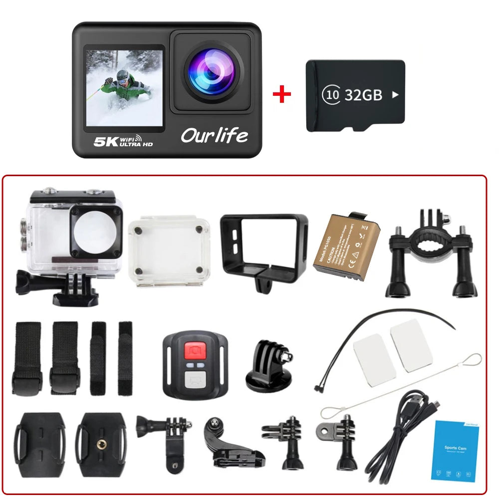 Action Camera 5K 4K60FPS EIS WiFi 170D 2.0'' Touch Screen 30M Waterproof 5X Zoom Sport Camera With Remote Control & 32GB Card