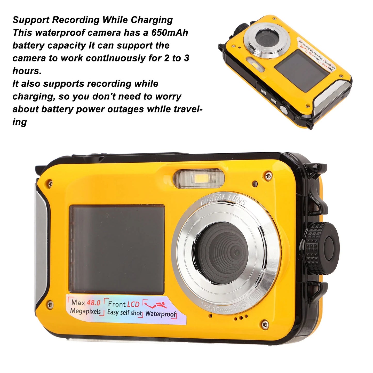 Full HD 2.7K 48MP 10ft Waterproof Underwater Digital Camera 16X Digital Zoom Front Rear Double Screens Water Resistant Camera