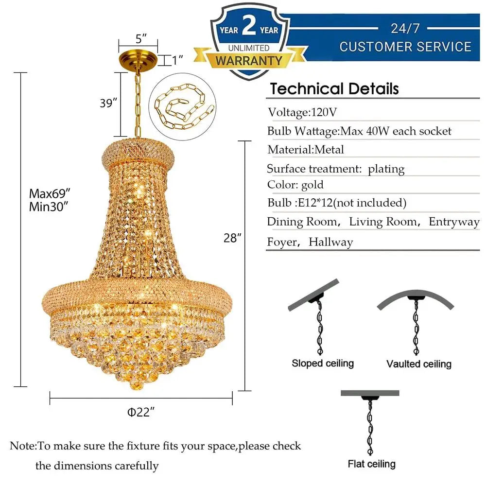 Luxury Empire Crystal Chandelier 12 Lights Entryway Dining Room Fixture Gold Lighting