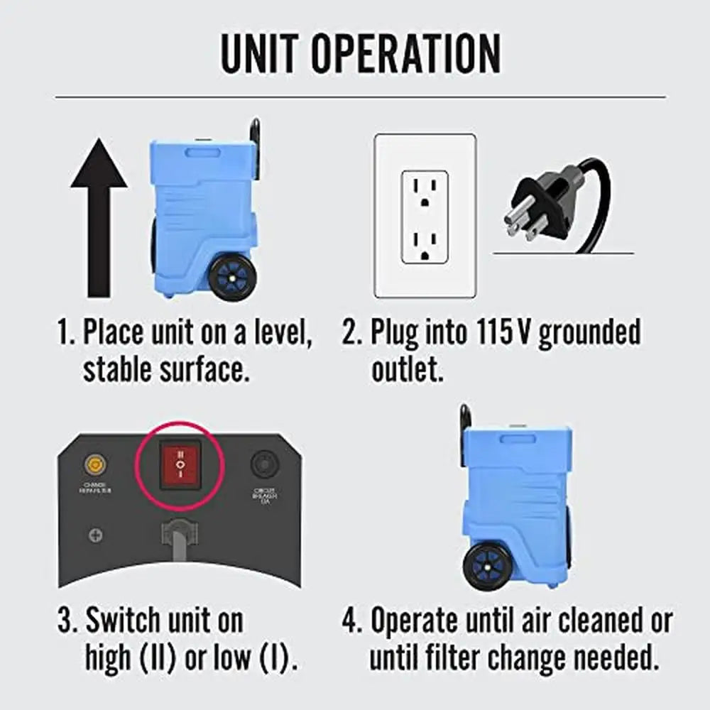 Commercial Grade Air Scrubber HEPA Filtered 1000 CFM Portable Large Capacity Blue Touch Control Purifier