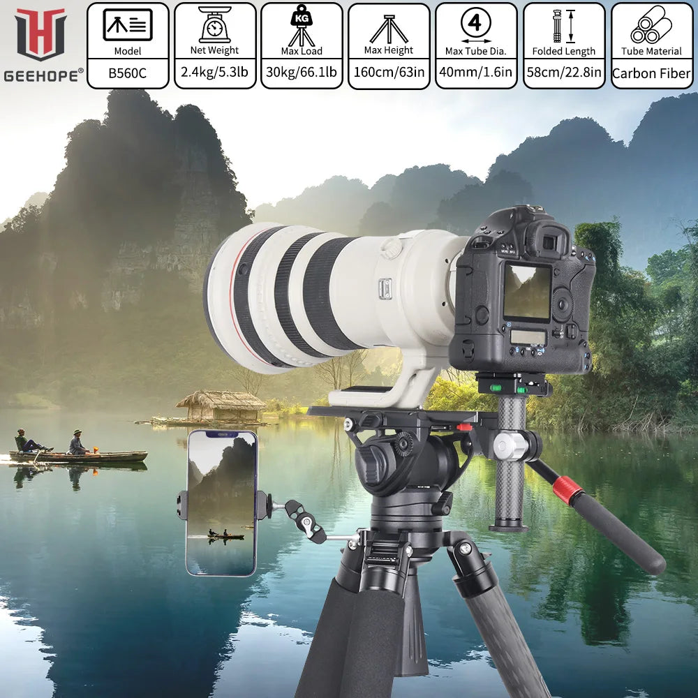 B560C Carbon Fiber Tripod 40mm Tube Professional Heavy Duty Tripod 30kg Load Bowl Tripod for DSLR Camera Shooting Birdwatching