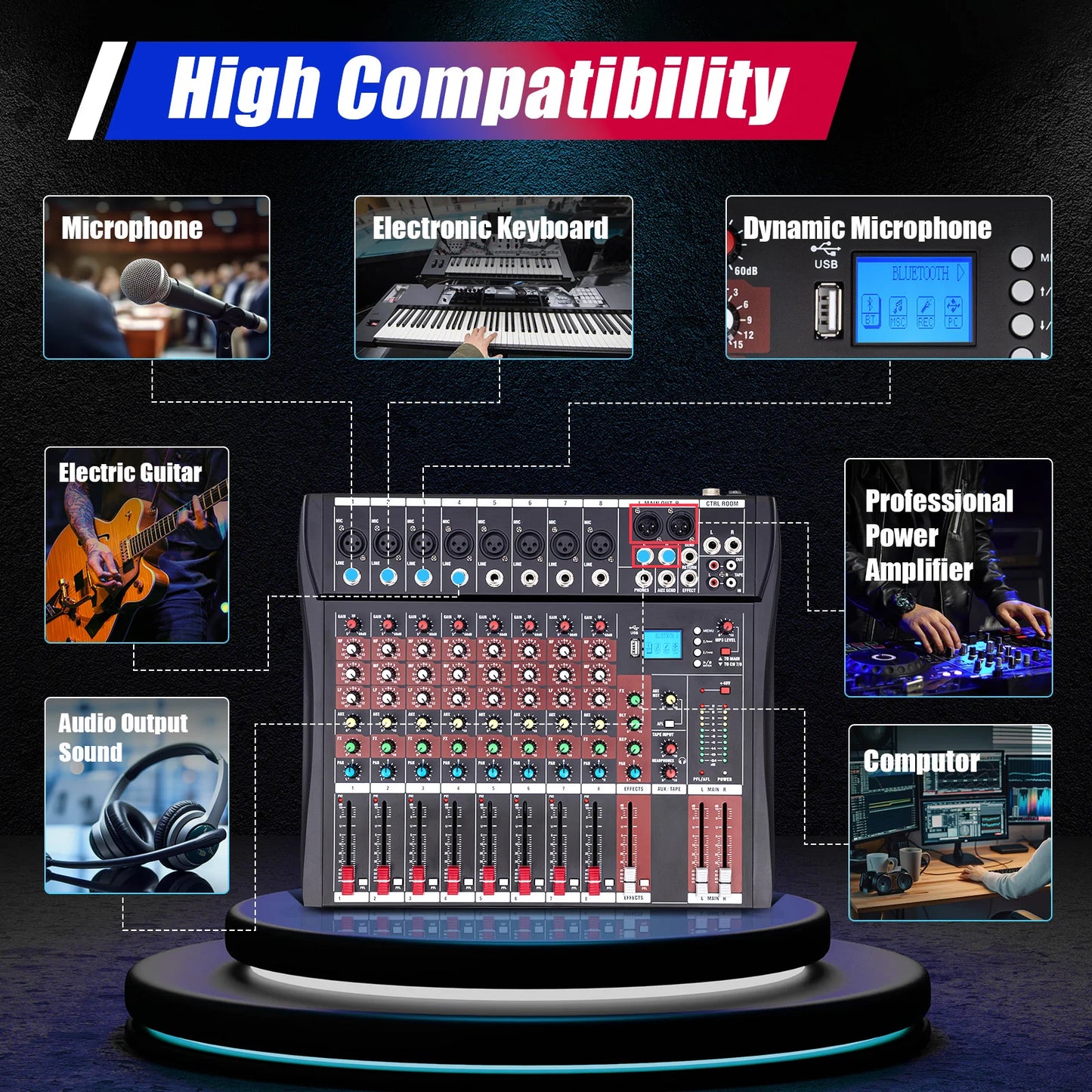 8 Channel Mixing Console Bluetooth MP3 Recorder Dedicated Stereo Audio Mixer Digital USB Mixing Console
