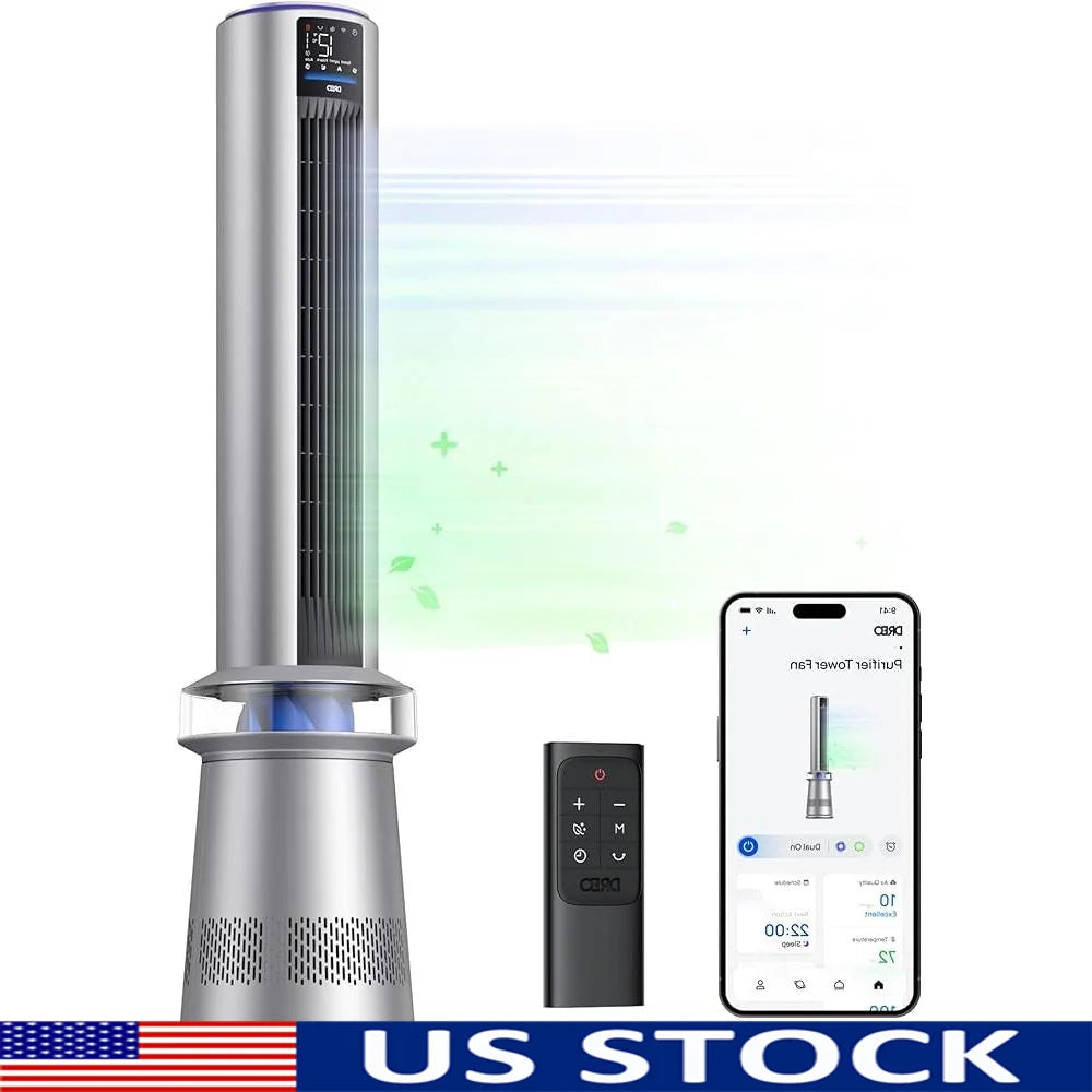 2-in-1 Air Purifier Tower Fan Bladeless Quiet Oscillation Smart Control HEPA Filter Low Noise 27ft/s Airflow 24H Timer