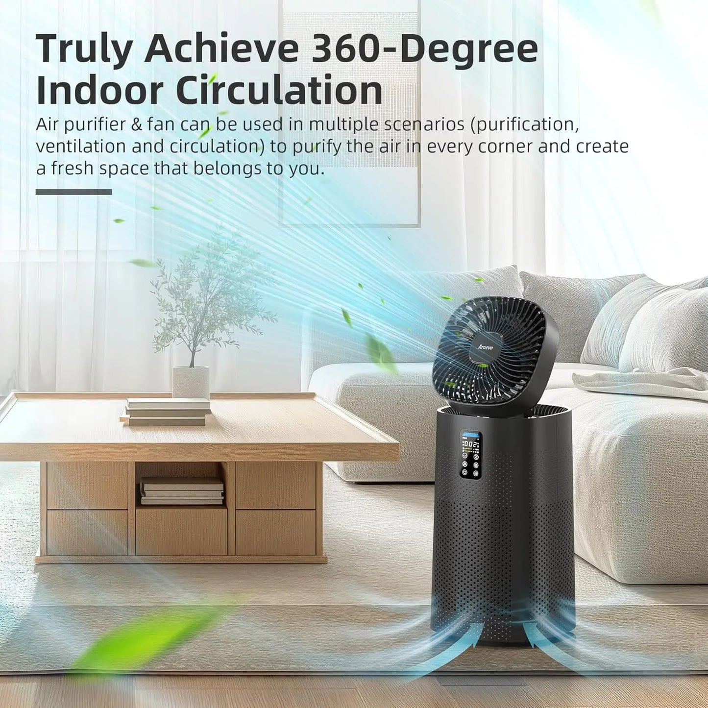 Aroeve Air Purifier Fan 1980 Sq.ft Washable Filter Smart App Wifi Control Quite Angle Adjustable Air 2-In-1 Circulator System