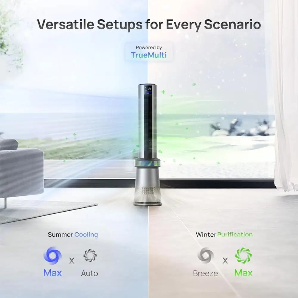 2-in-1 Air Purifier Tower Fan Bladeless Quiet Oscillation Smart Control HEPA Filter Low Noise 27ft/s Airflow 24H Timer