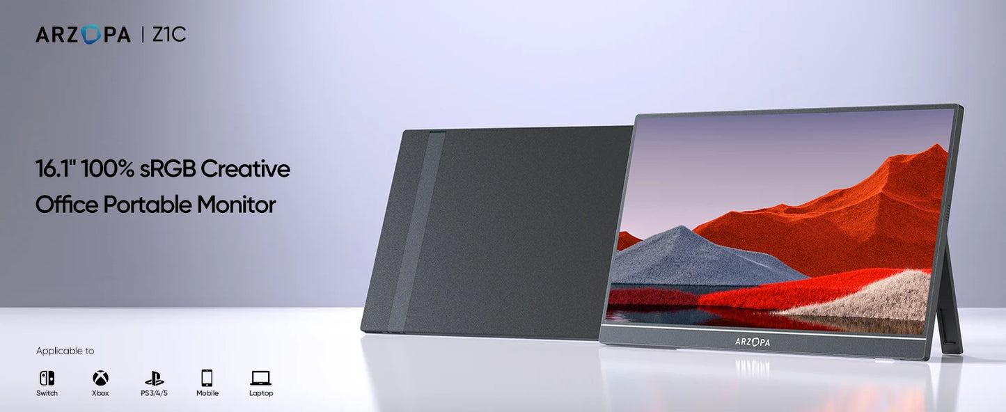 ARZOPA 16.1'' 100% sRGB Portable Monitor 1080P Second Monitor External Screen for MAC Laptop PC Xbox/PS/Switch,Z1C
