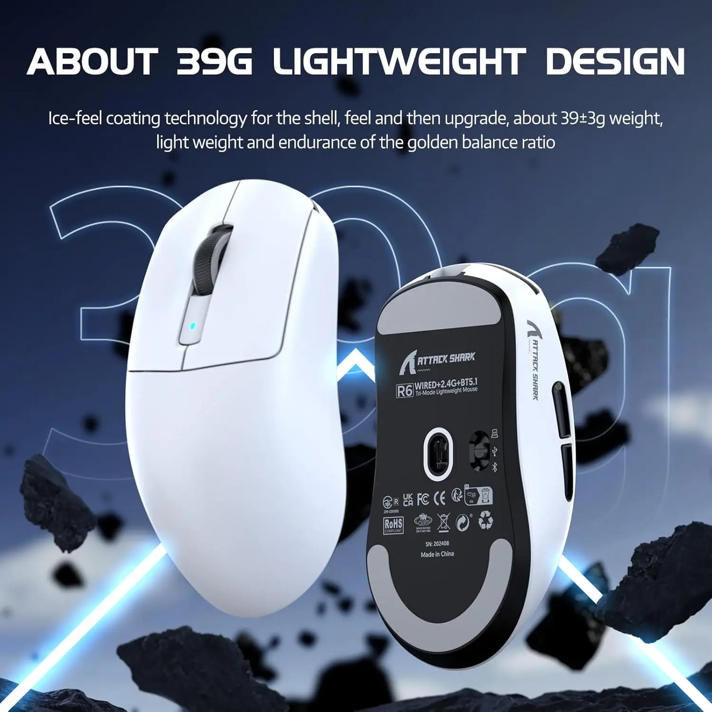 Attack Shark R6 Lightweight Wireless Gaming Mouse, PAW 3950Max Sensor Computer Mouse with Nordic 52480, 8KHz Polling