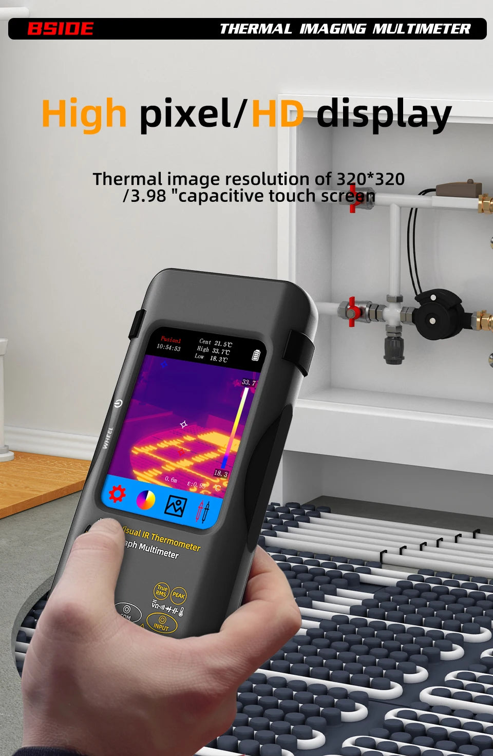 BSIDE Thermal Imager Multimeter 3.98 inch touchscreen 320*320 resolution 15 color palettes Water Leak Detection Circuit repair