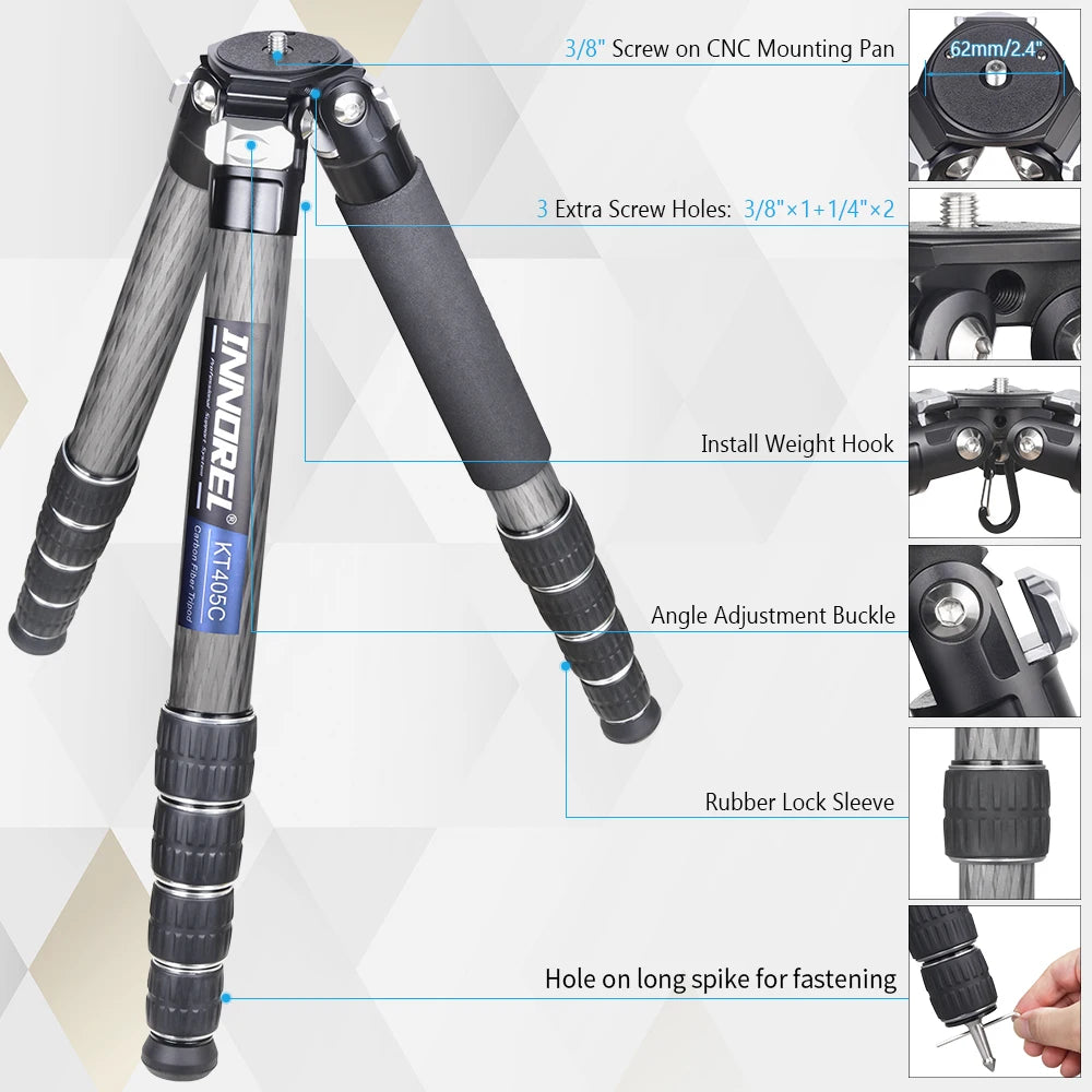 KT365C/KT405C 10 Layers Carbon Fiber Tripod for DSLR Camera 5 Sections Heavy Duty Stand Low Gravity Ballhead Short Center Column