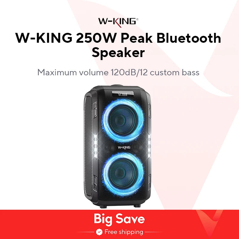 W-KING 250W PEAK Large Bluetooth Speaker Loudest/Massive 120dB/12 Custom Bass, V5.3 Big Party Boombox Portable Speaker Wireless