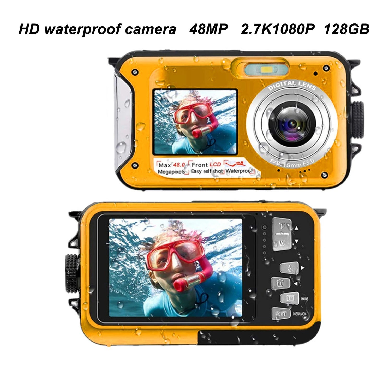 Full HD 2.7K 48MP 10ft Waterproof Underwater Digital Camera 16X Digital Zoom Front Rear Double Screens Water Resistant Camera