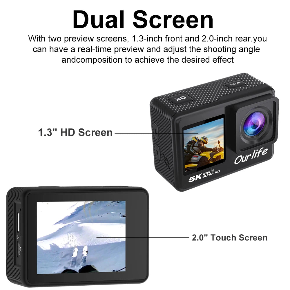 Action Camera 5K 4K60FPS EIS WiFi 170D 2.0'' Touch Screen 30M Waterproof 5X Zoom Sport Camera With Remote Control & 32GB Card