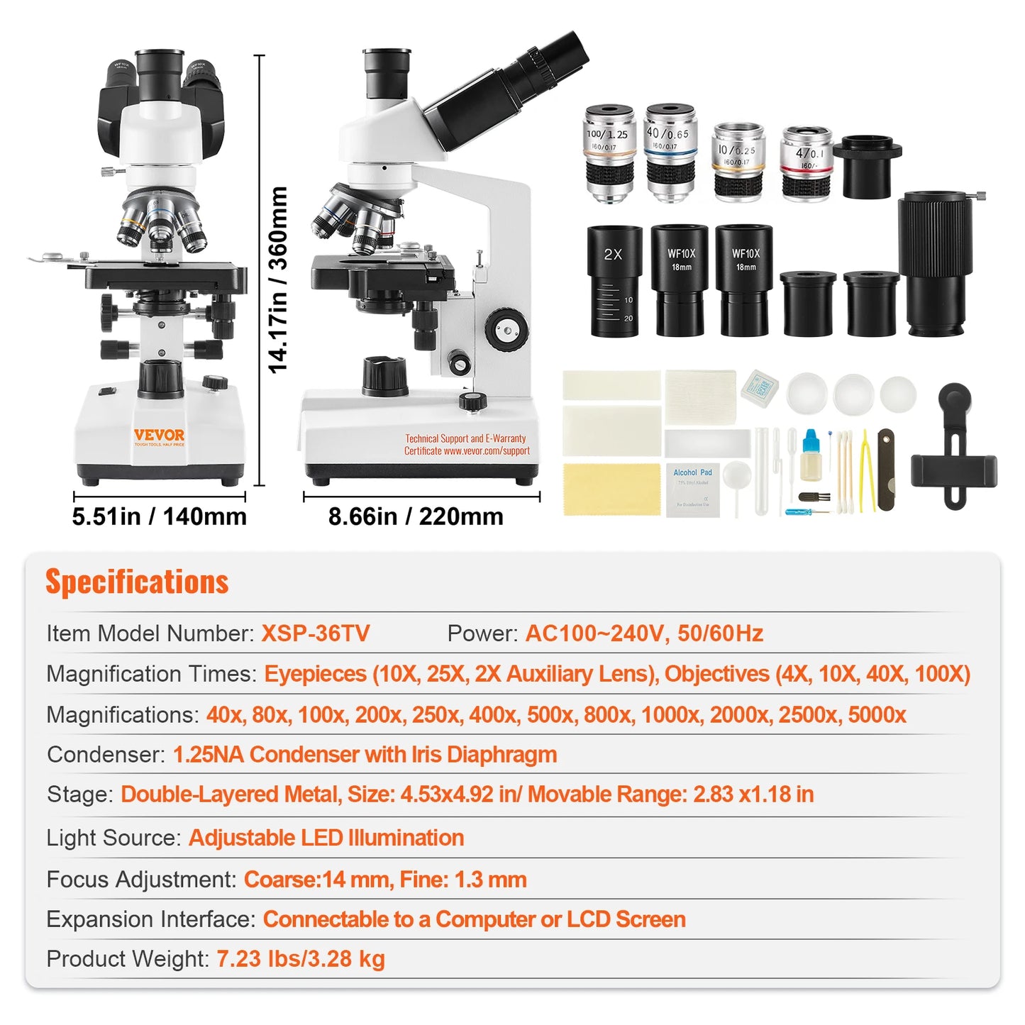 SucceBuy Compound Trinocular Microscope 40X-2500/40X-5000X Magnification Lab Microscope w/ LED Illumination & External Interface