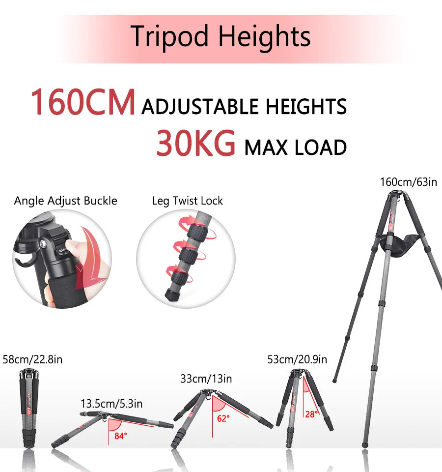 B560C Carbon Fiber Tripod 40mm Tube Professional Heavy Duty Tripod 30kg Load Bowl Tripod for DSLR Camera Shooting Birdwatching