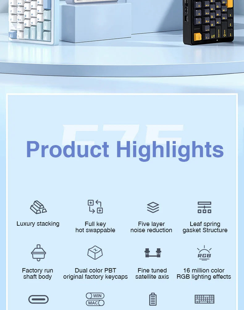 AULA F75 2.4G Wireless/Bluetooth/Wired Gaming Mechanical Keyboard RGB Customized 75% Layout Cherry Profile Gasket Structure