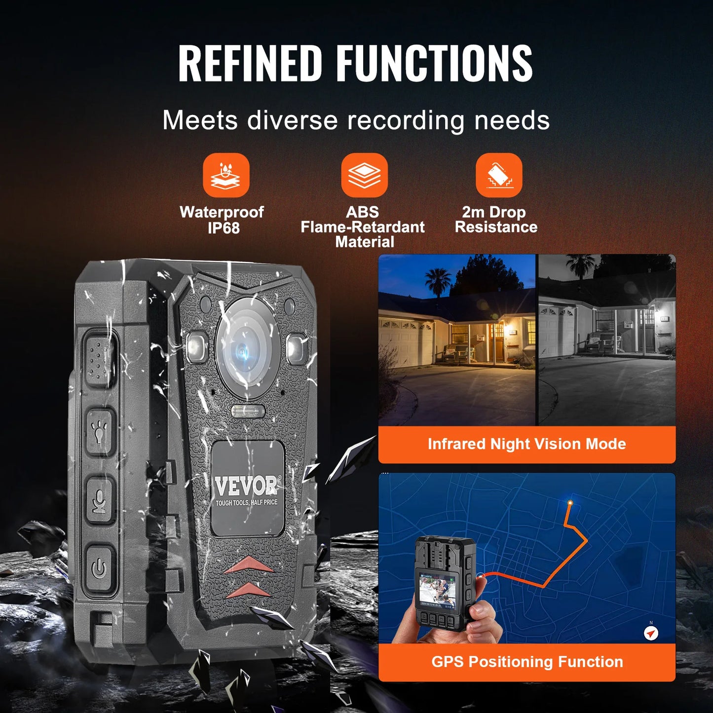 VEVOR 1440P HD Police Body Camera 128GB with Audio Video, 2.0" LCD, Infrared Night Vision, Waterproof GPS for Law Enforcement