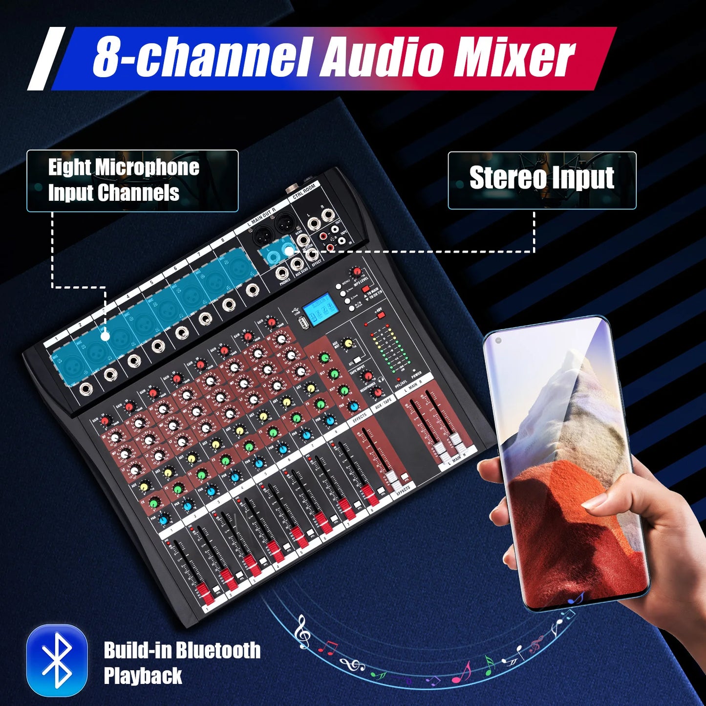 8 Channel Mixing Console Bluetooth MP3 Recorder Dedicated Stereo Audio Mixer Digital USB Mixing Console