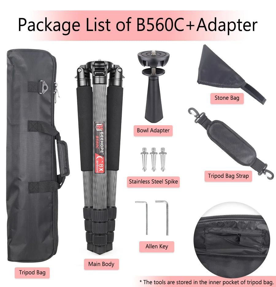 B560C Carbon Fiber Tripod 40mm Tube Professional Heavy Duty Tripod 30kg Load Bowl Tripod for DSLR Camera Shooting Birdwatching