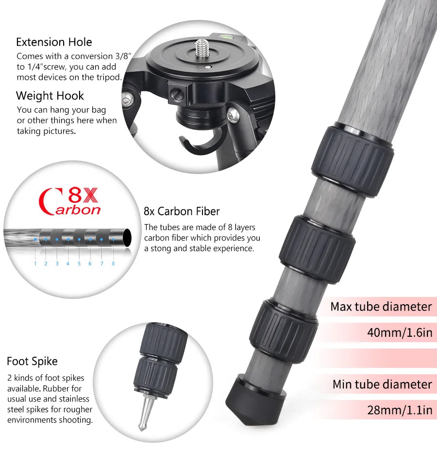 B560C Carbon Fiber Tripod 40mm Tube Professional Heavy Duty Tripod 30kg Load Bowl Tripod for DSLR Camera Shooting Birdwatching