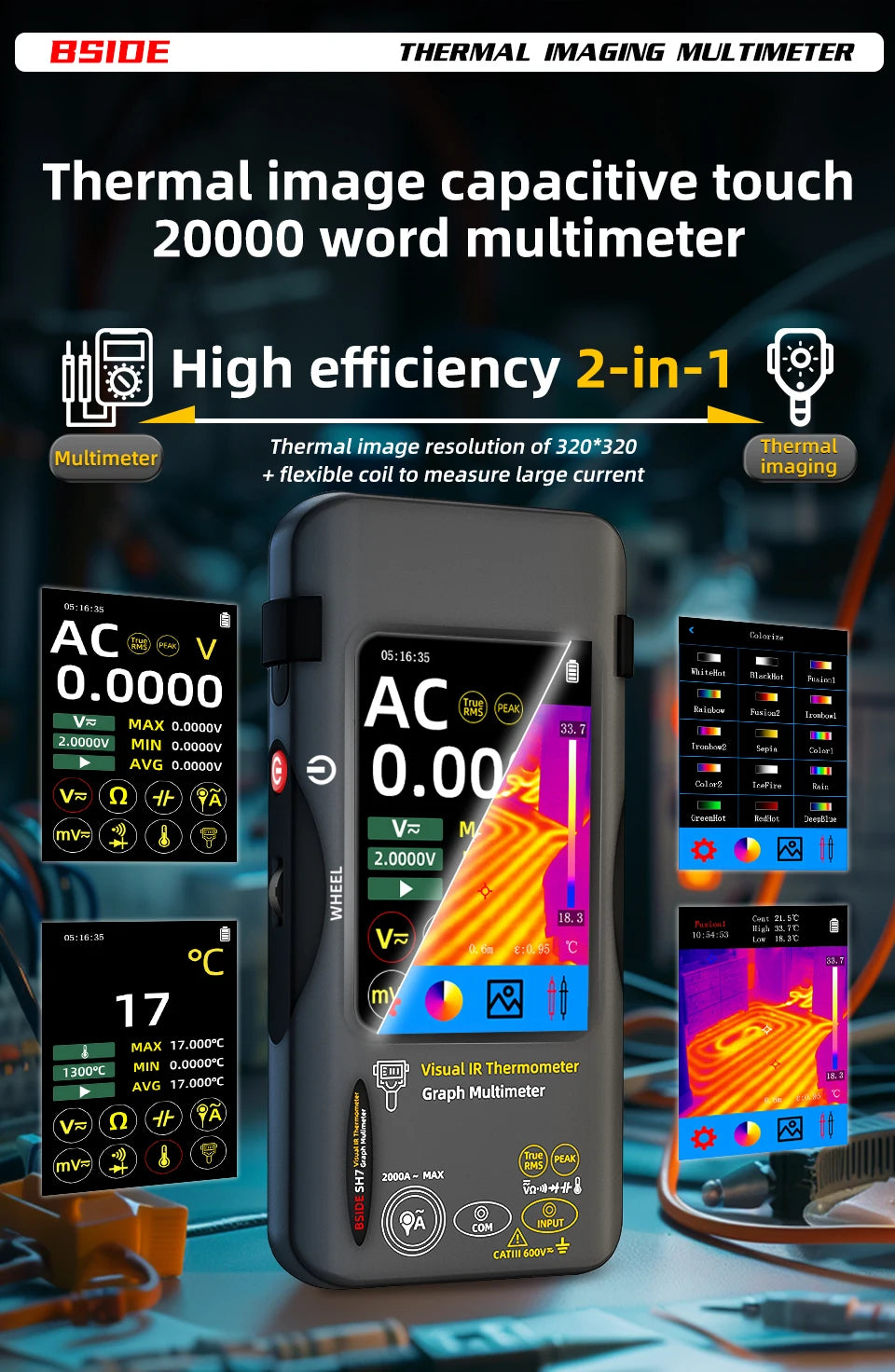 BSIDE Thermal Imager Multimeter 3.98 inch touchscreen 320*320 resolution 15 color palettes Water Leak Detection Circuit repair