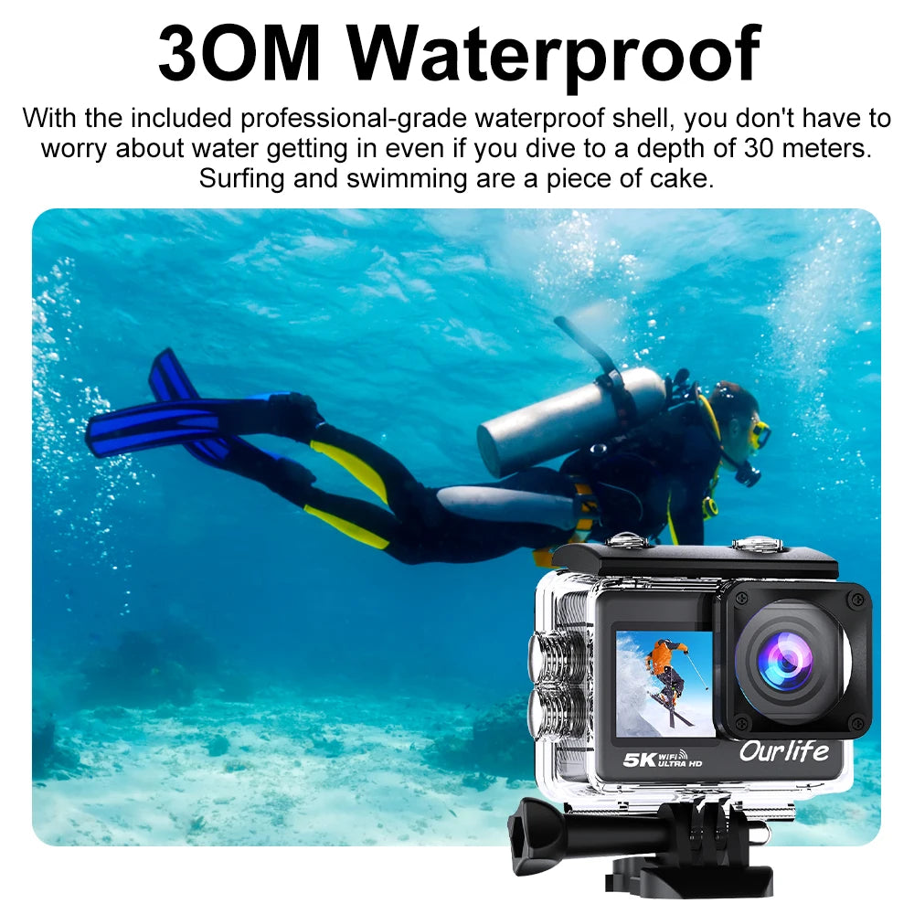 Action Camera 5K 4K60FPS EIS WiFi 170D 2.0'' Touch Screen 30M Waterproof 5X Zoom Sport Camera With Remote Control & 32GB Card